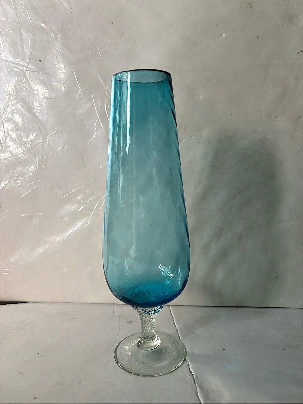 Vintage 10 3/4" Hand Blown Ocean Blue Pedestal Vase Clear Base Twisted Optic